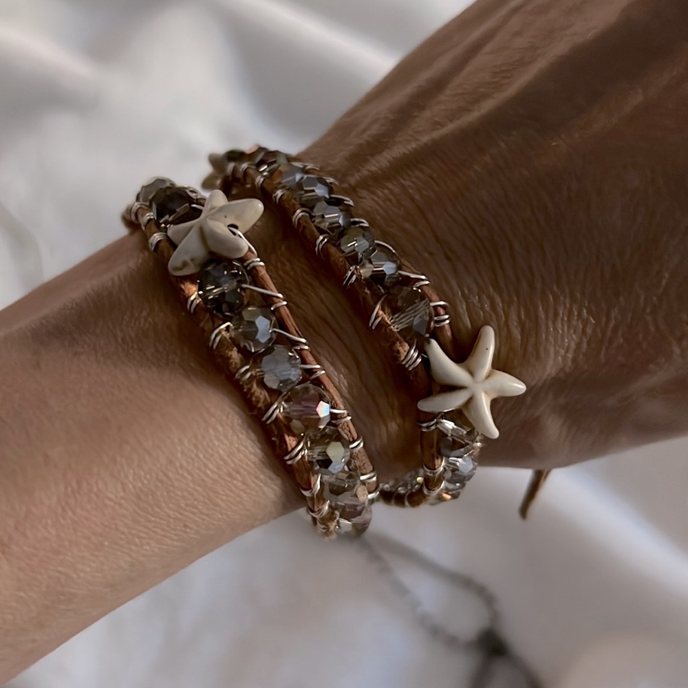 Crystal and leather starfish handmade wrapped bracelet.